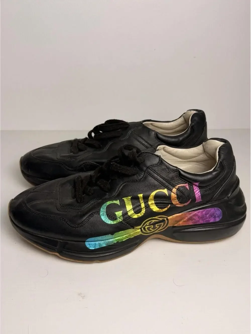 Gucci Rhyton Rainbow Logo Leather Sneakers Black SZ 10 Good
